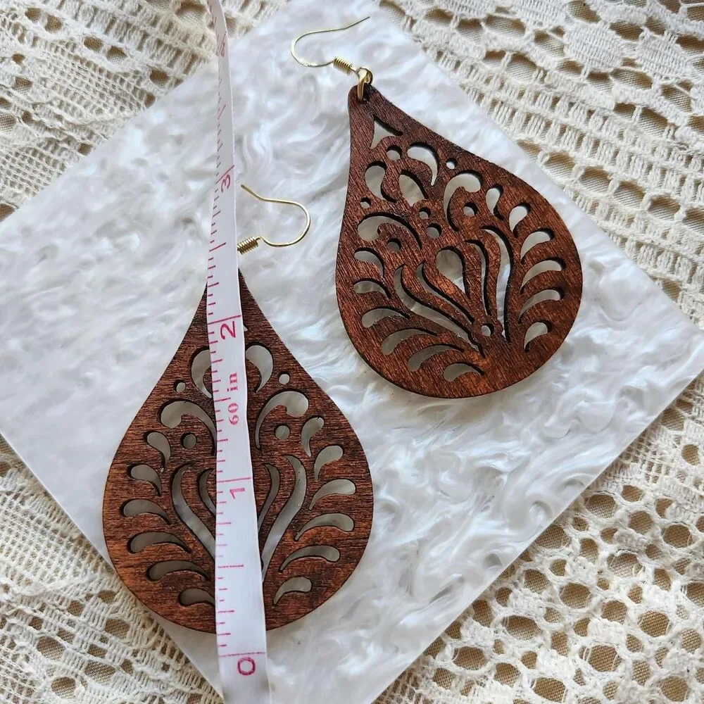 Wood Teardrop Earrings S925 Hooks Whimsy Boho Folk Art Western